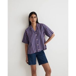 🆕 Madewell 100% Linen Button-Up Camp Stripe Shirt in Dusty Twilight